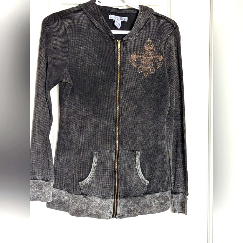 RXB Women's (Size M) Black Waffled Zip-Up Hoodie with Gold Fleur-de-Lis Graphics